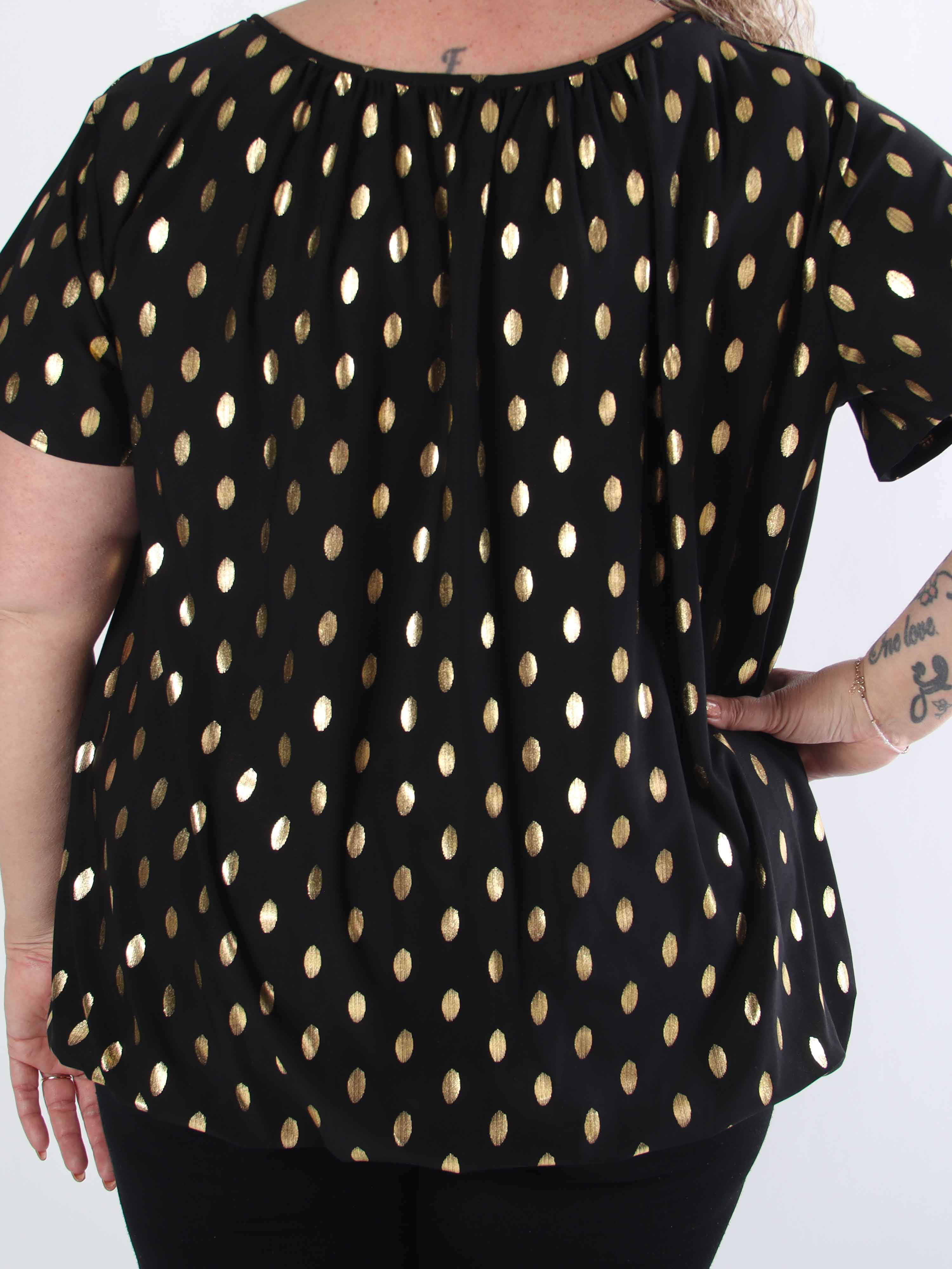 Miracle Dot T-shirt - Elastisk plus size bluse med guld dutter på